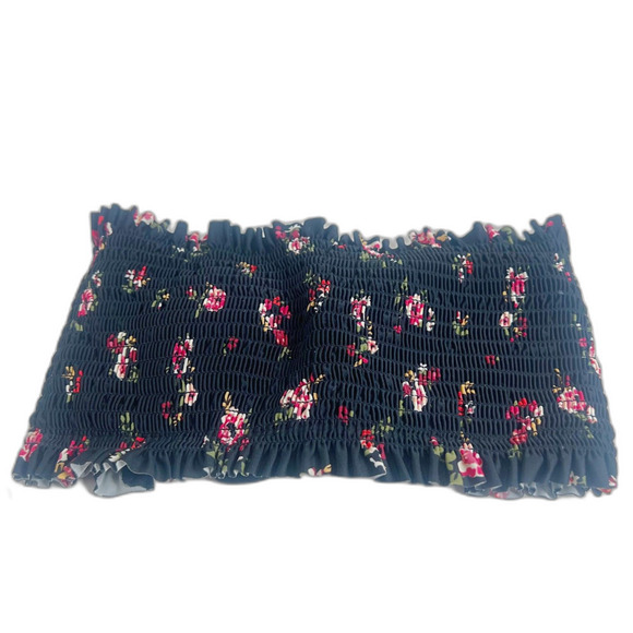 Xhilaration Smocked Floral Bikini Top Underwire Lace Up Back Black Pink Size S - Picture 1 of 7